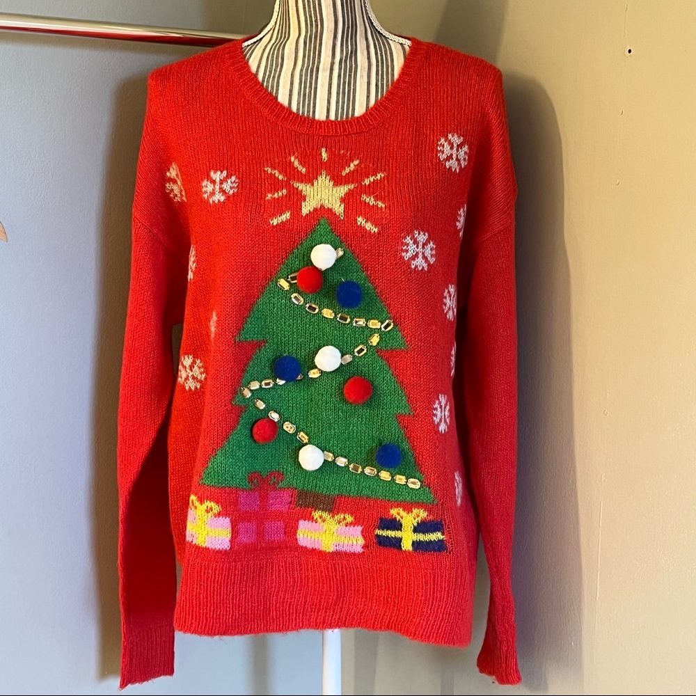 Divided Long Sleeve Red Christmas Tree Pom Pom Rhinestone Holiday Sweater Size M